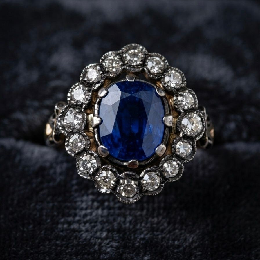 Edwardian Style 2.77ct Natural No Heat Cobalt Blue Sapphire and Diamond Cluster Engagement Ring
