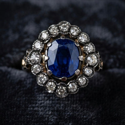 Edwardian Style 2.77ct Natural No Heat Cobalt Blue Sapphire and Diamond Cluster Engagement Ring
