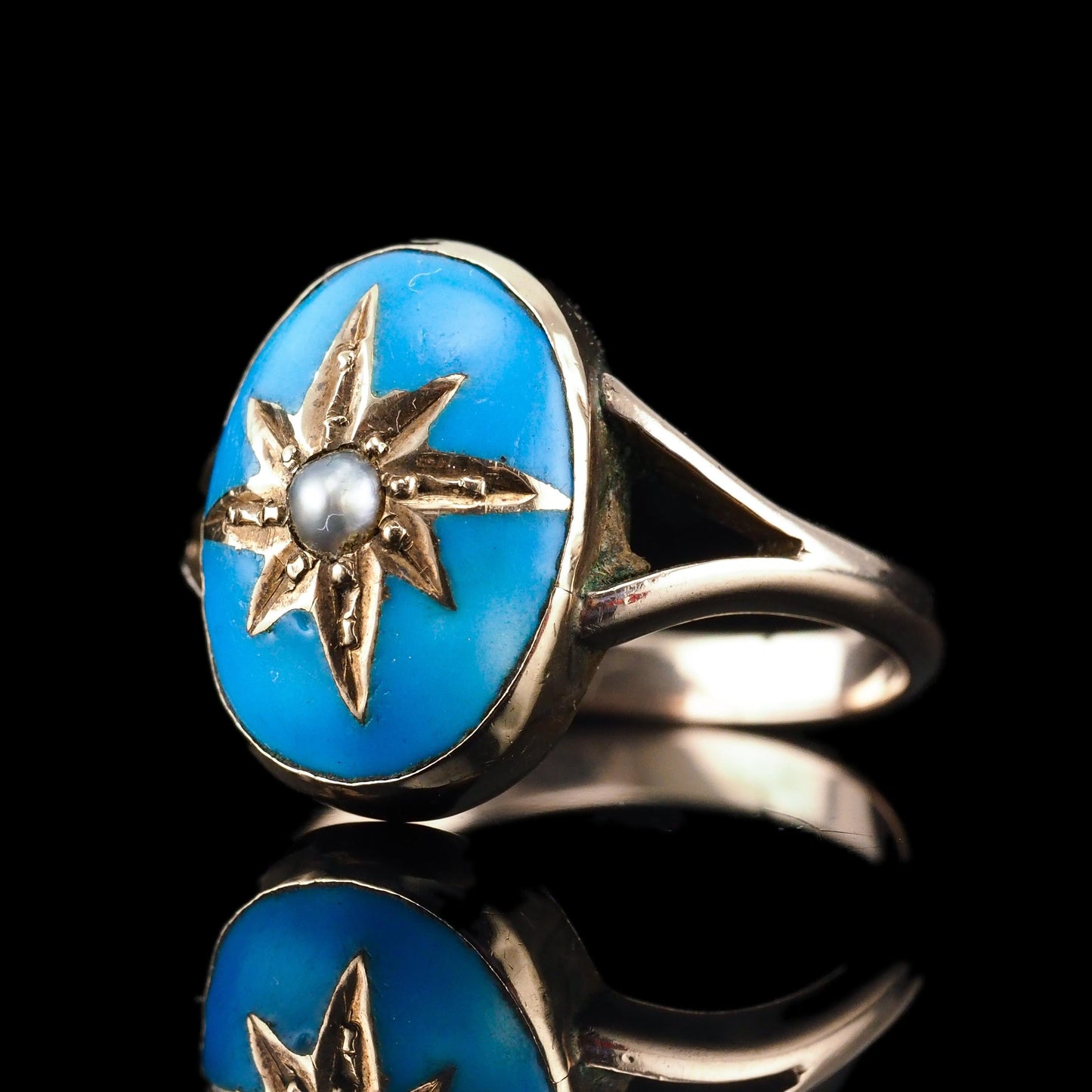 Antique Victorian Blue Enamel And Gold Star Pearl Ring 9 Carat Gold - circa 1880