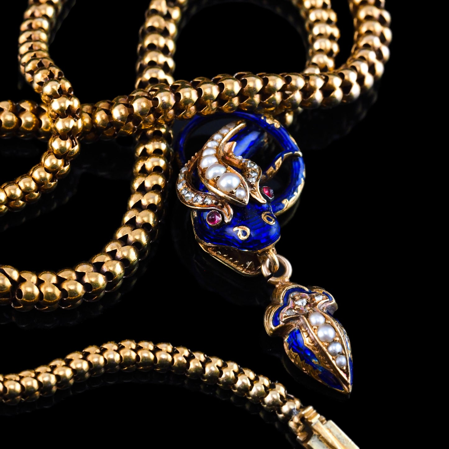 Victorian Antique Gold Snake Serpent Necklace with Diamond Pearl and Blue Enamel, Circa 1860