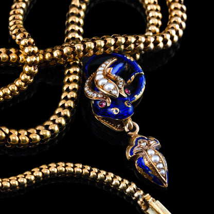 Victorian Antique Gold Snake Serpent Necklace with Diamond Pearl and Blue Enamel, Circa 1860