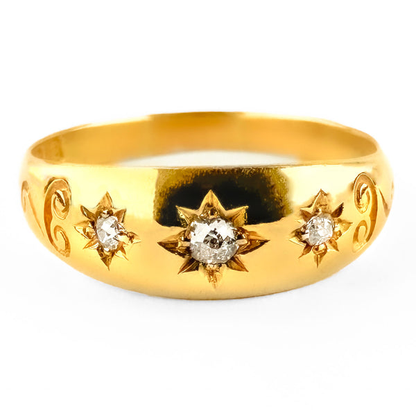 Victorian Antique Diamond Three Stone Ring with Star and Scroll Detailing