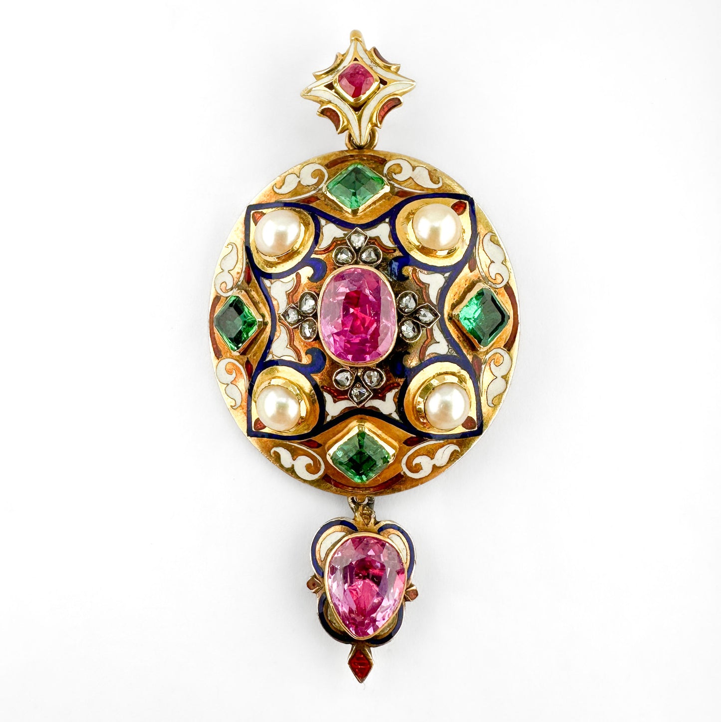 Victorian Antique Pink Sapphire Colombian Emerald Natural Pearl Enamel Holbeinesque Multi Gem Pendant
