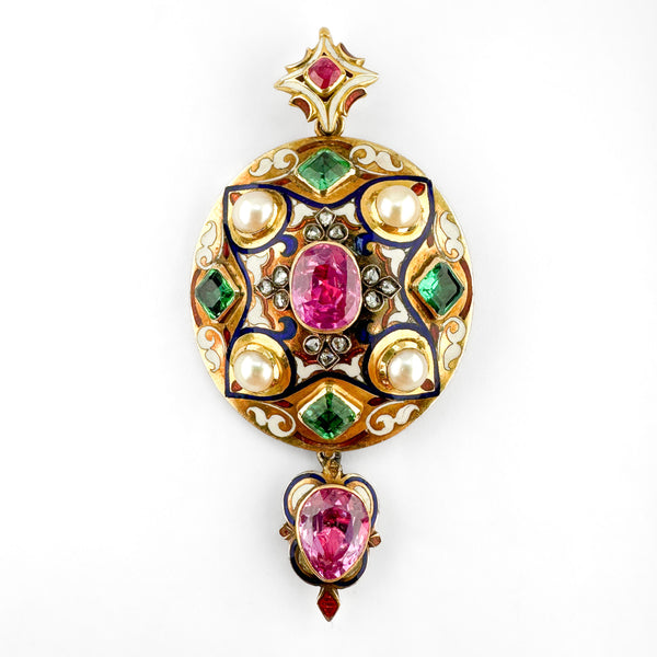 Victorian Antique Pink Sapphire Colombian Emerald Natural Pearl Enamel Holbeinesque Multi Gem Pendant