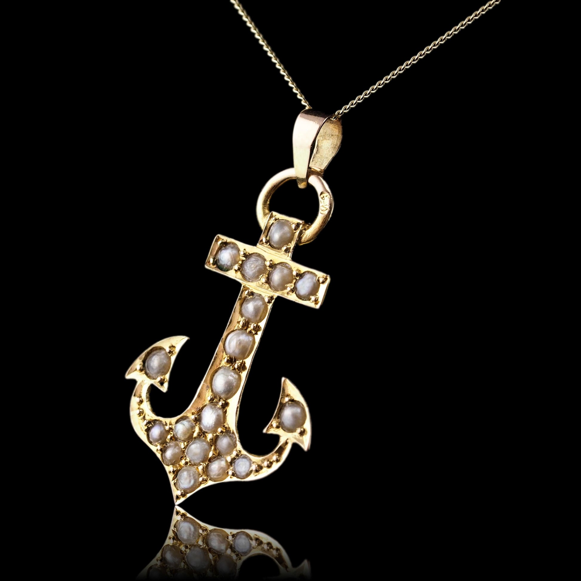 Antique Victorian Pearl Anchor Pendant Necklace 15K Gold - c.1900
