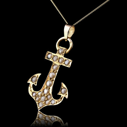 Antique Victorian Pearl Anchor Pendant Necklace 15K Gold - c.1900