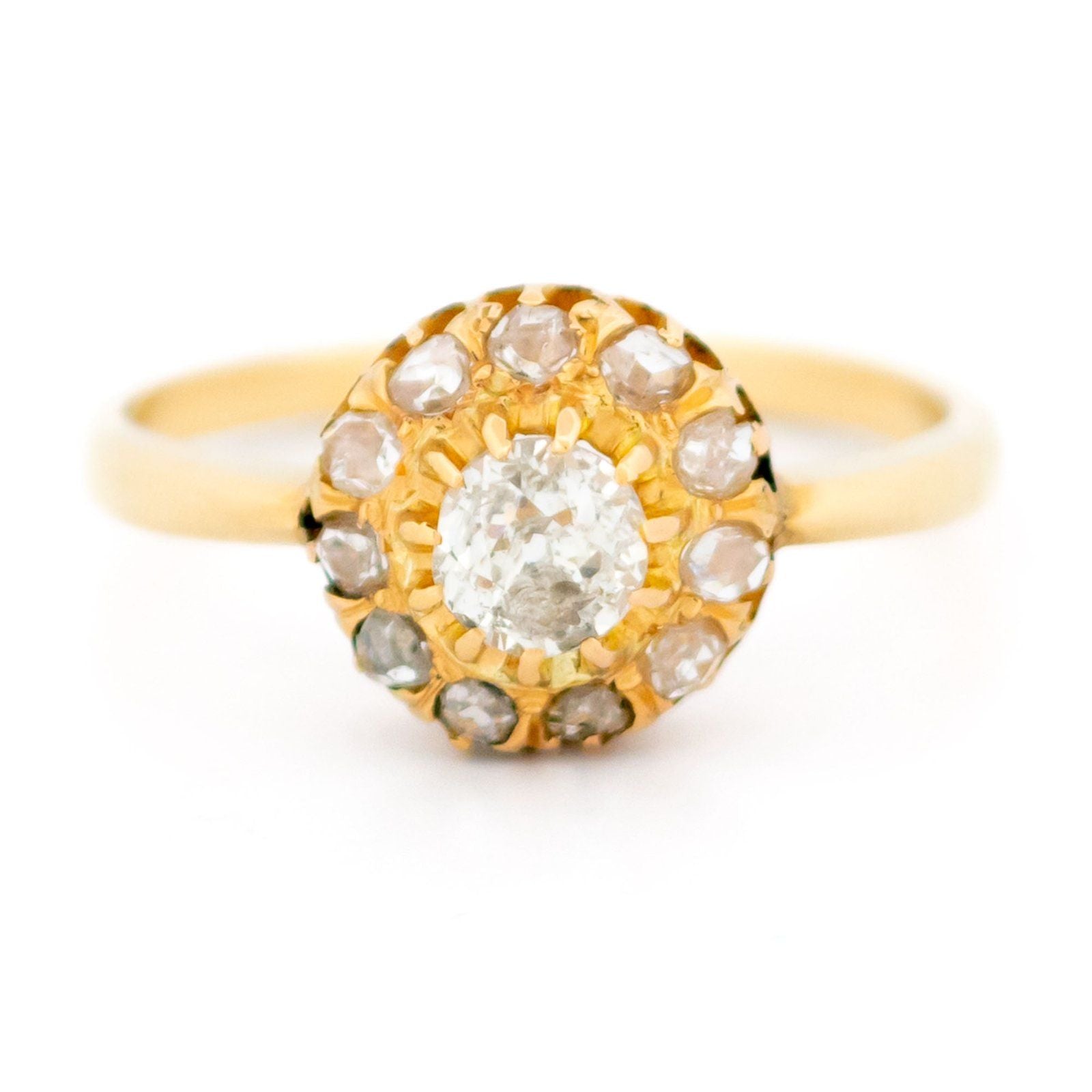 Victorian Antique Old Mine Cut Diamond Cluster Engagement Ring in Yellow Gold