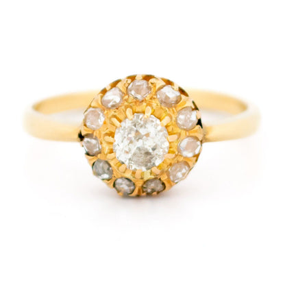 Victorian Antique Old Mine Cut Diamond Cluster Engagement Ring in Yellow Gold