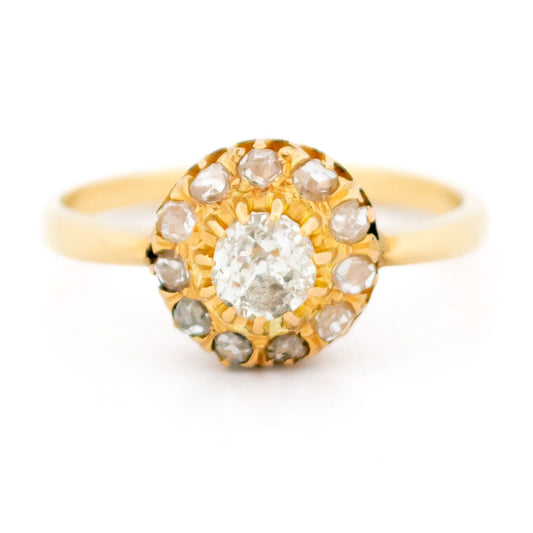 Victorian Antique Old Mine Cut Diamond Cluster Engagement Ring in Yellow Gold