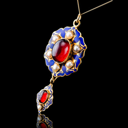 Victorian Antique Garnet Pearl Blue Enamel Holbeinesque Pendant Necklace