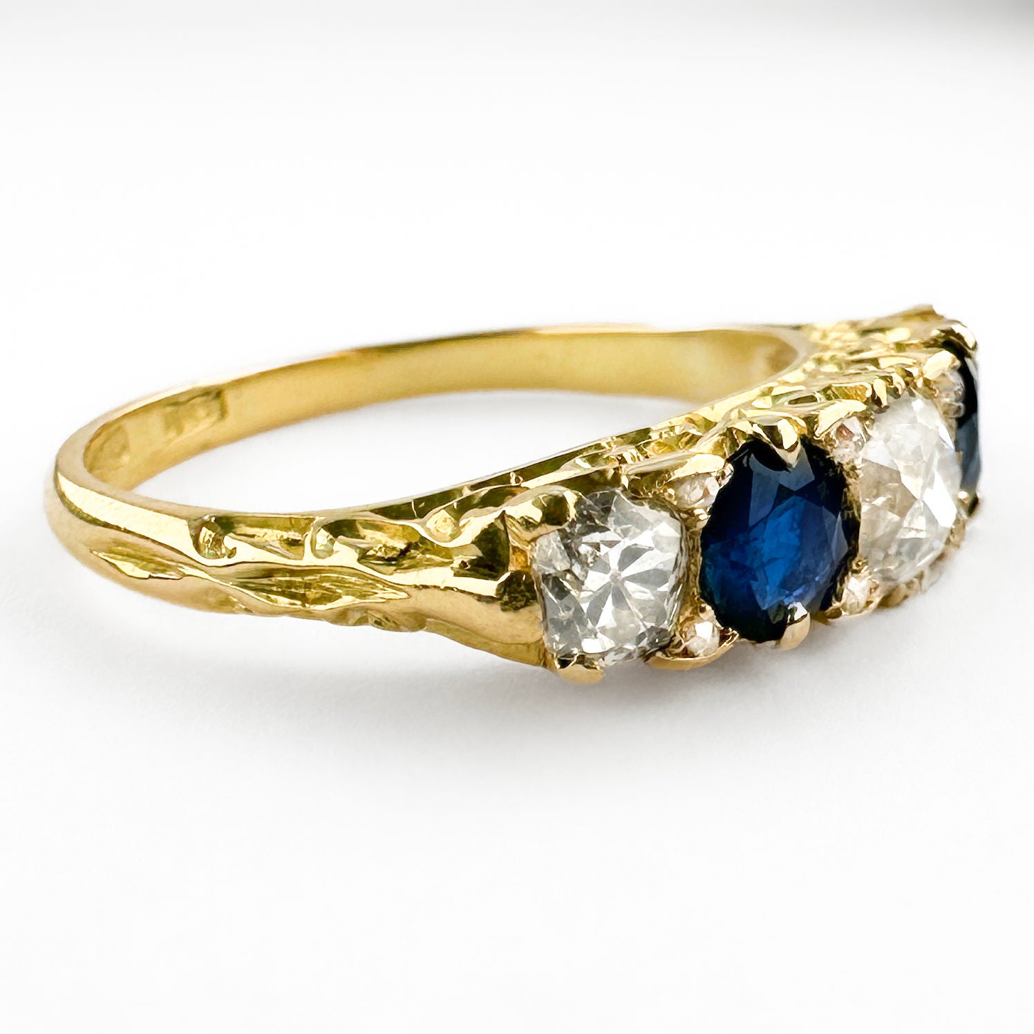 Victorian Antique No Heat Ceylon Sapphire and Old Cut Diamond Five Stone Half Hoop Engagement Ring