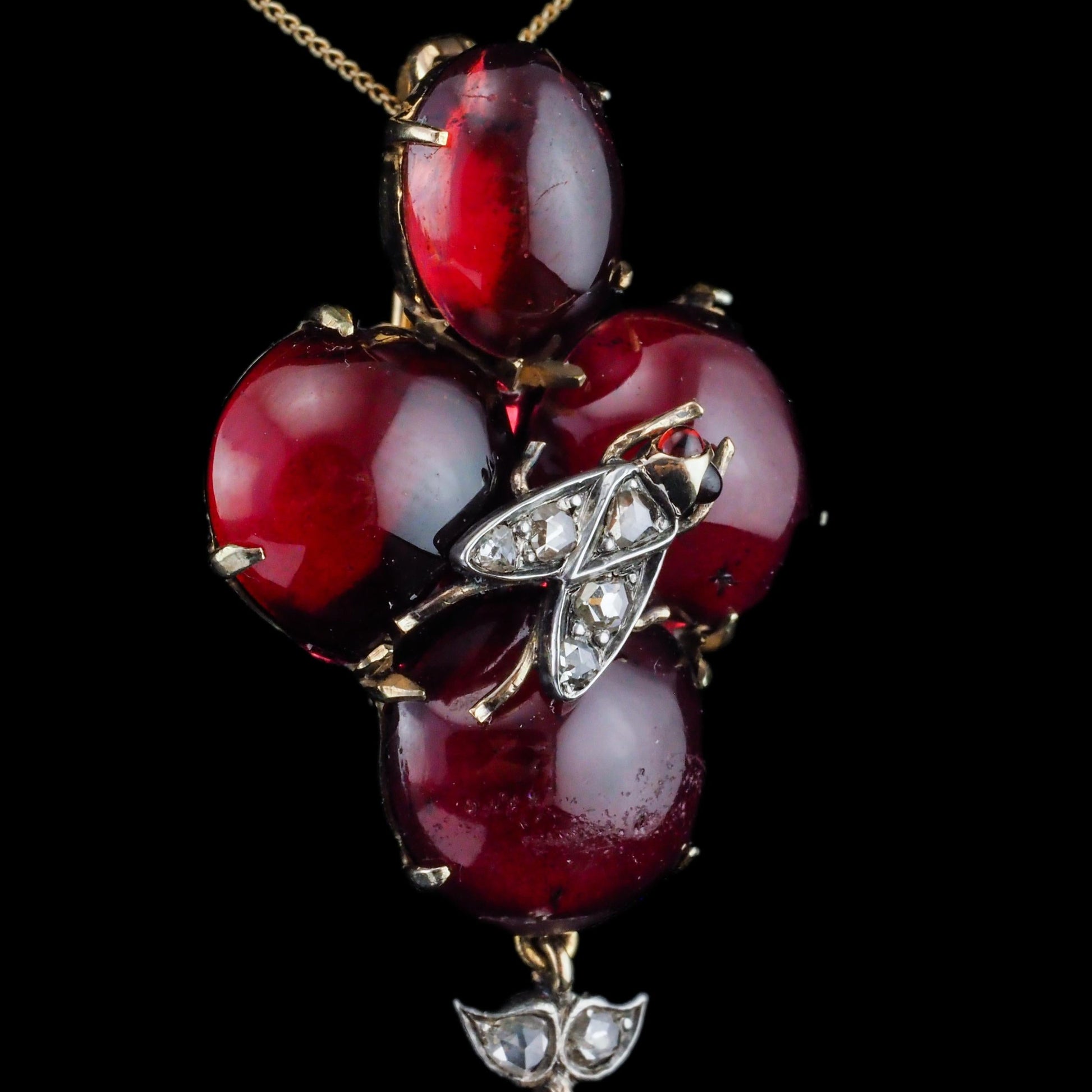 Victorian Antique Cabochon Garnet and Diamond Pendant come Brooch, Circa 1880