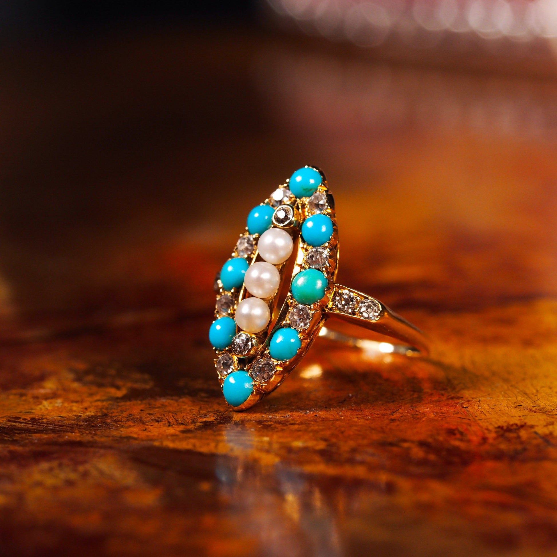 Victorian Antique Victorian Turquoise Pearl Diamond Navette Marquise Cluster Ring Circa 1880