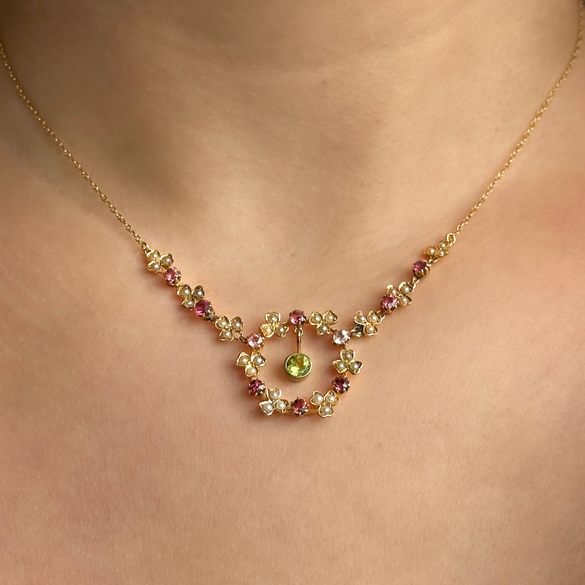 Edwardian Antique Peridot Tourmaline and Pearl Garland Festoon Necklace