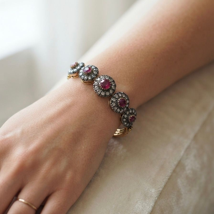 Victorian Antique Ruby and Rose Cut Diamond Cluster Bangle Bracelet, Circa 1890