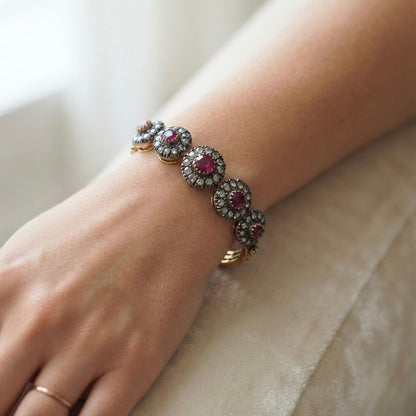 Victorian Antique Ruby and Rose Cut Diamond Cluster Bangle Bracelet, Circa 1890