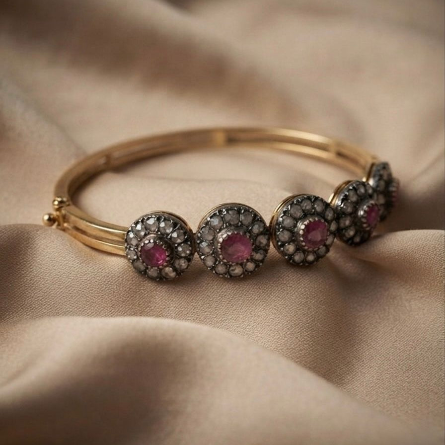 Victorian Antique Ruby and Rose Cut Diamond Cluster Bangle Bracelet, Circa 1890