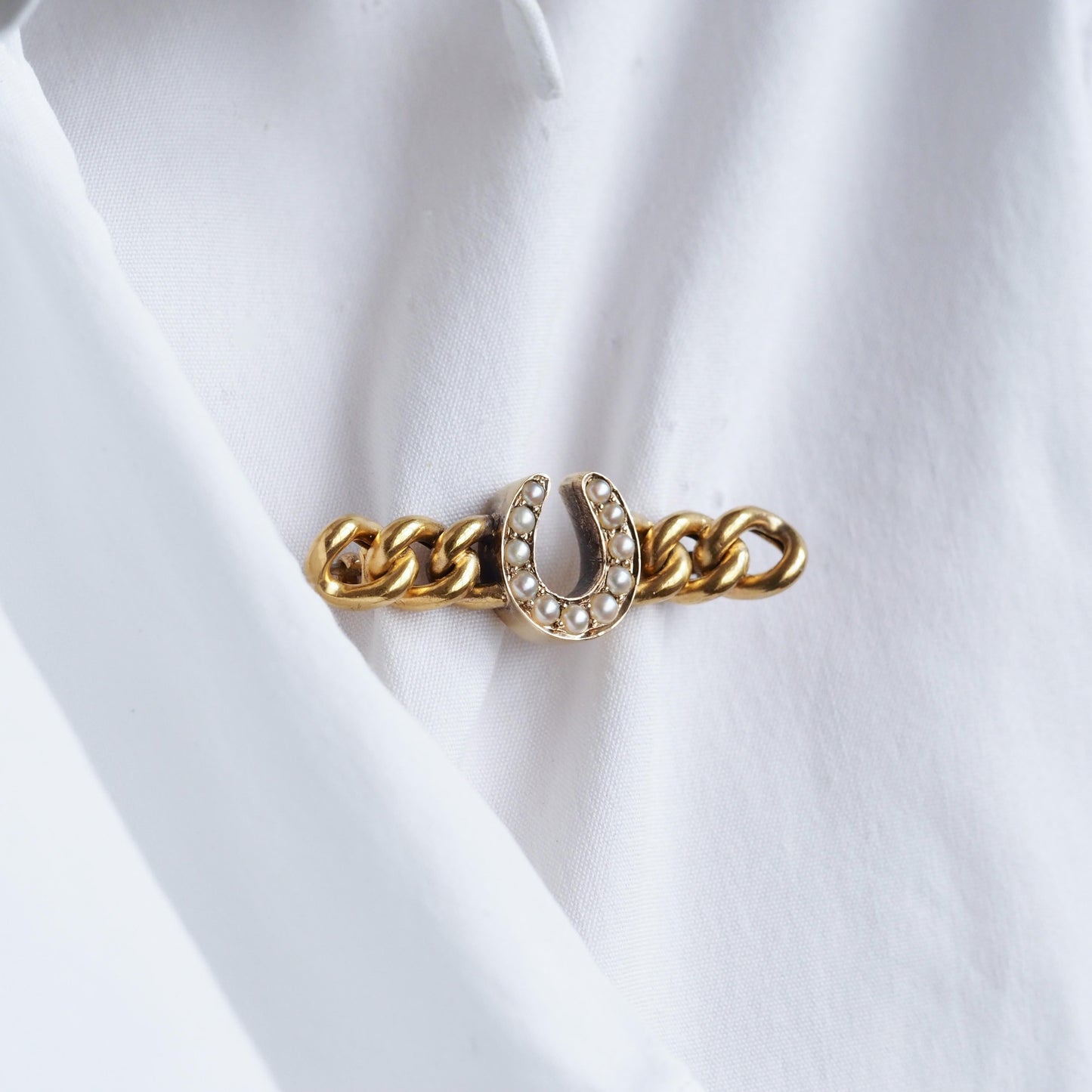 Antique Victorian Horseshoe Pearl Brooch 15K Gold - c.1900