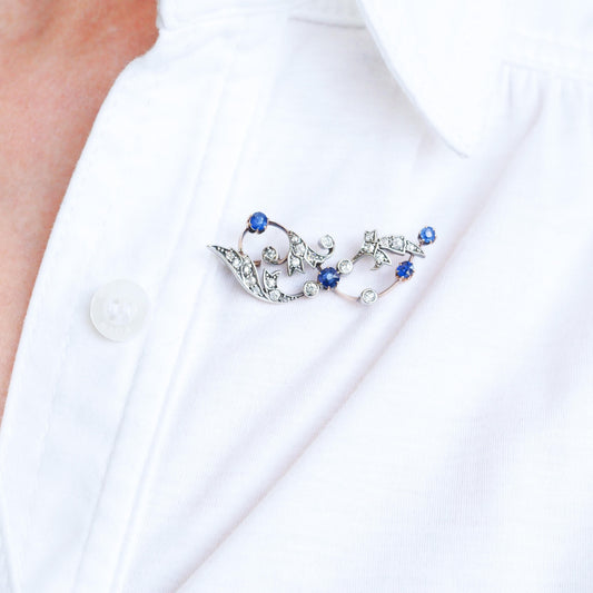 Antique Victorian Sapphire and Old Cut Diamond Brooch with Foliate Motif, Circa 1880