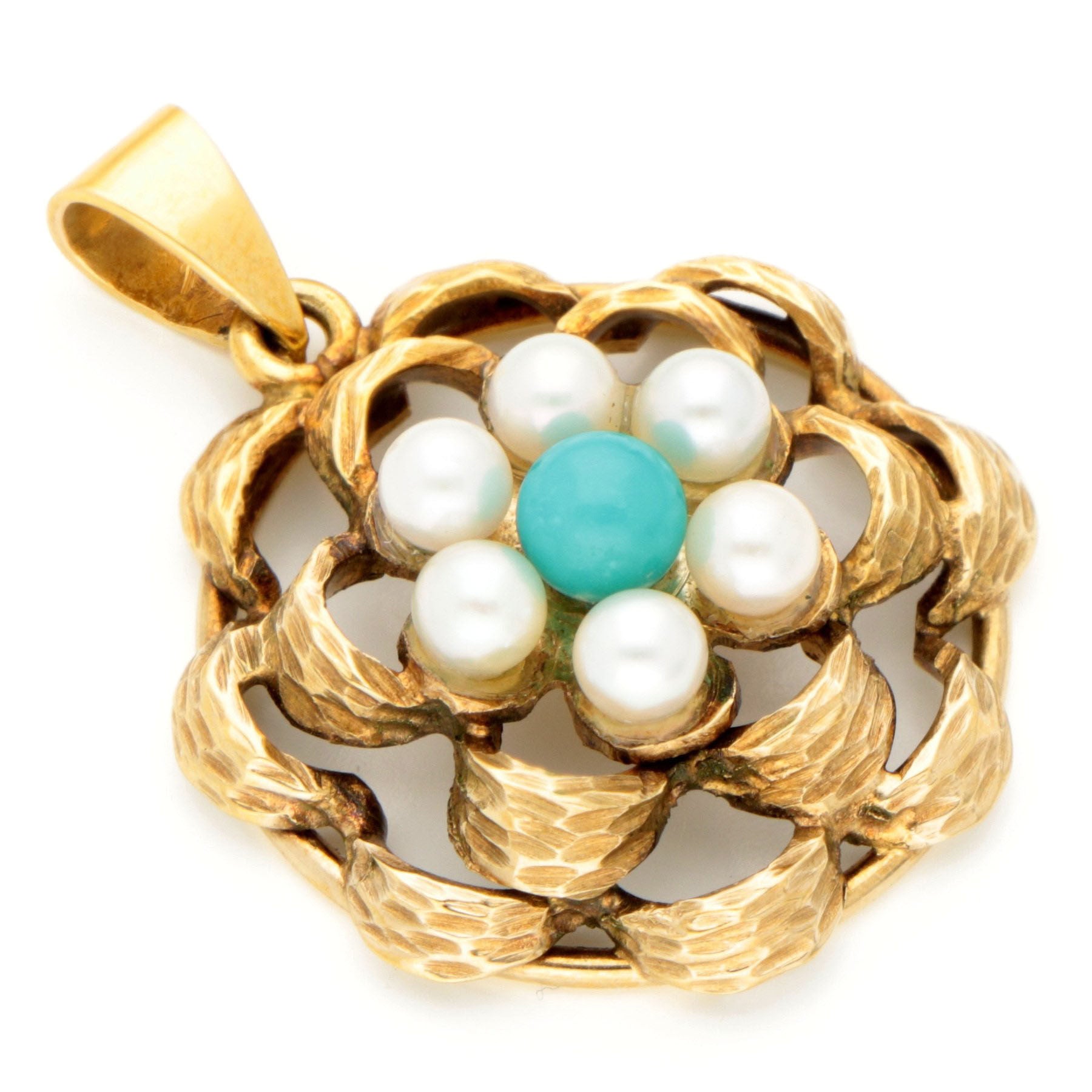 Vintage 14 Carat Yellow Gold, Turquoise and Pearl Cluster Pendant