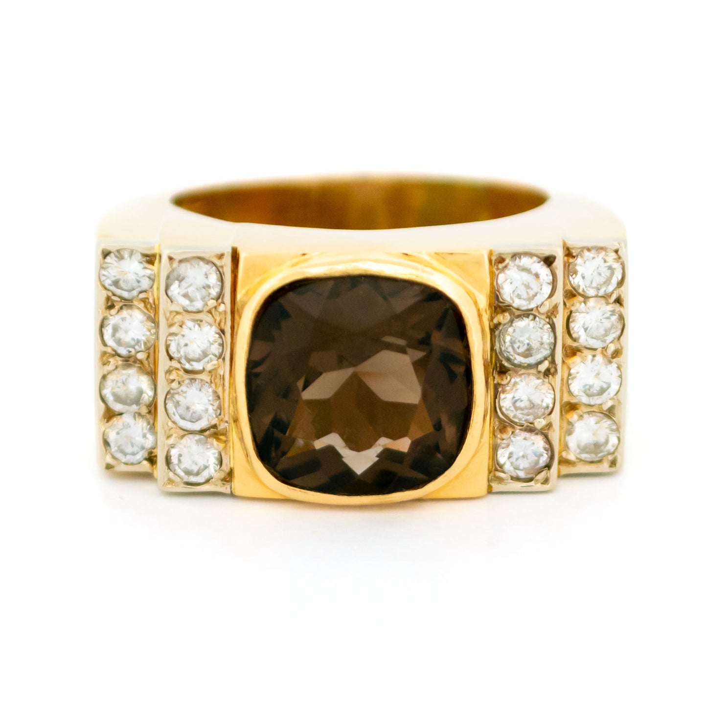 18 Carat Yellow Gold Smokey Quartz and Diamond Tank Style Ring, 5.00 Carats