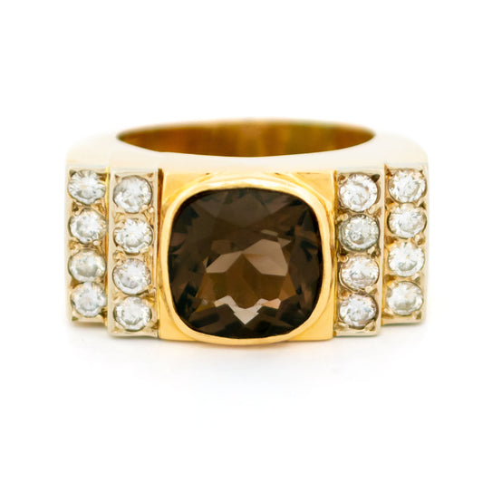 A smokey quartz and diamond tank style ring in yellow gold