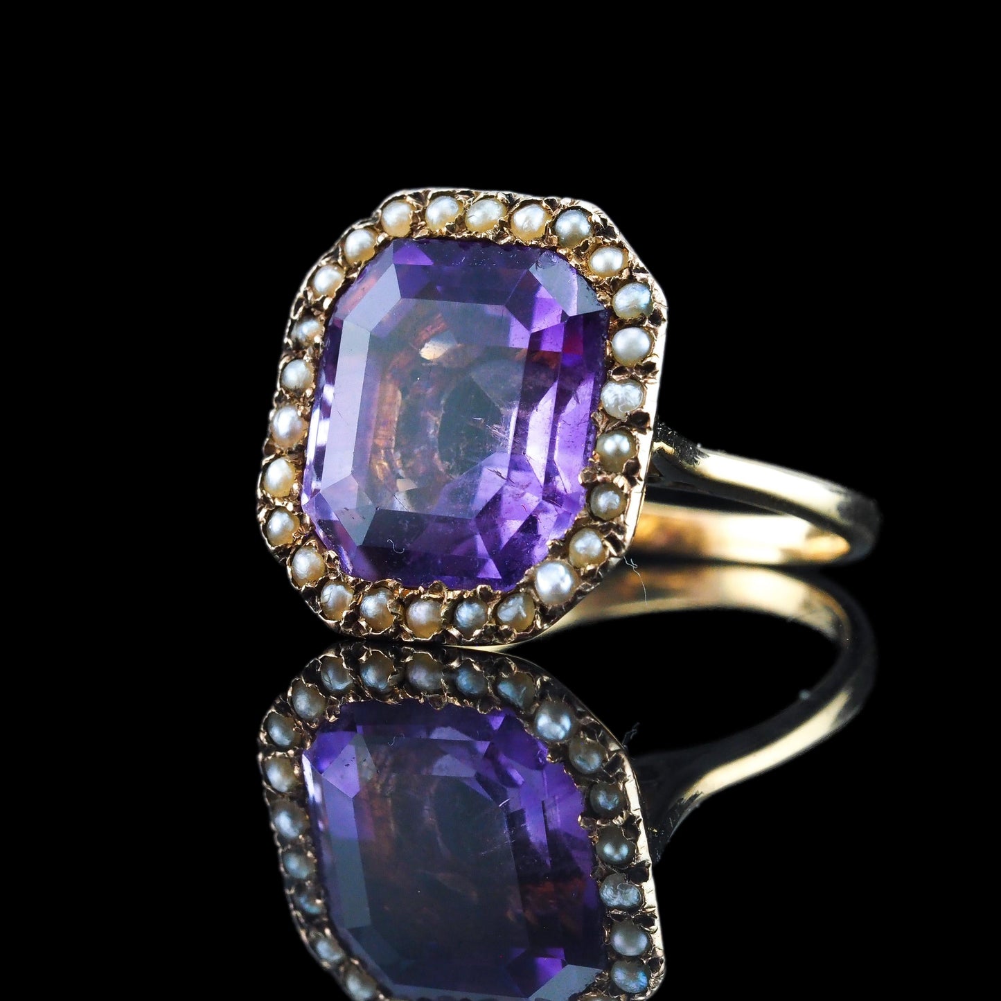 Antique Edwardian 18K Gold Amethyst & Pearl Ring Emerald Cut - c.1900