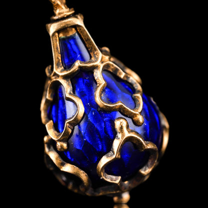 Antique Blue Enamel Guilloche Drop Pendant in 15ct Gold