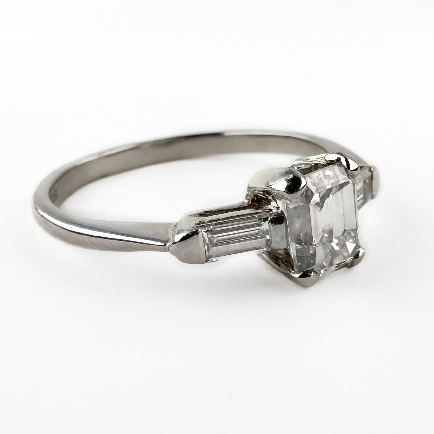 GIA Certified 1.02ct Emerald Cut Diamond and Baguette Diamond Trilogy Engagement Ring in Platinum