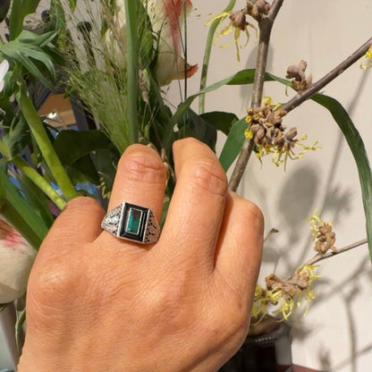 Vintage Platinum, Emerald, Onyx and Diamond Dress Ring, 0.60 Carat