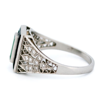 Vintage Platinum, Emerald, Onyx and Diamond Dress Ring, 0.60 Carat