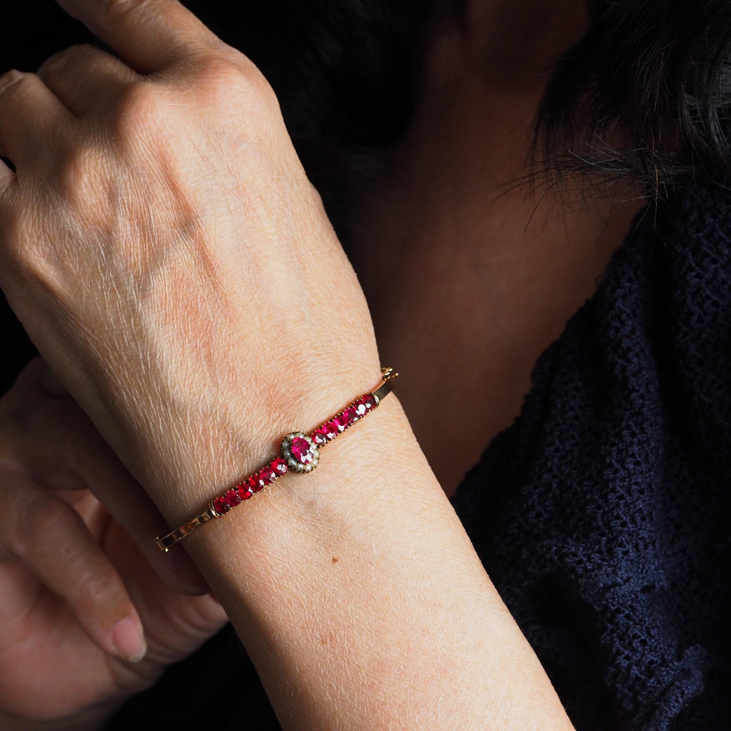 Antique Pink Garnet and Seed Pearl Bangle Bracelet