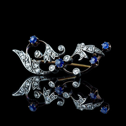 Antique Victorian Sapphire and Old Cut Diamond Brooch with Foliate Motif, Circa 1880