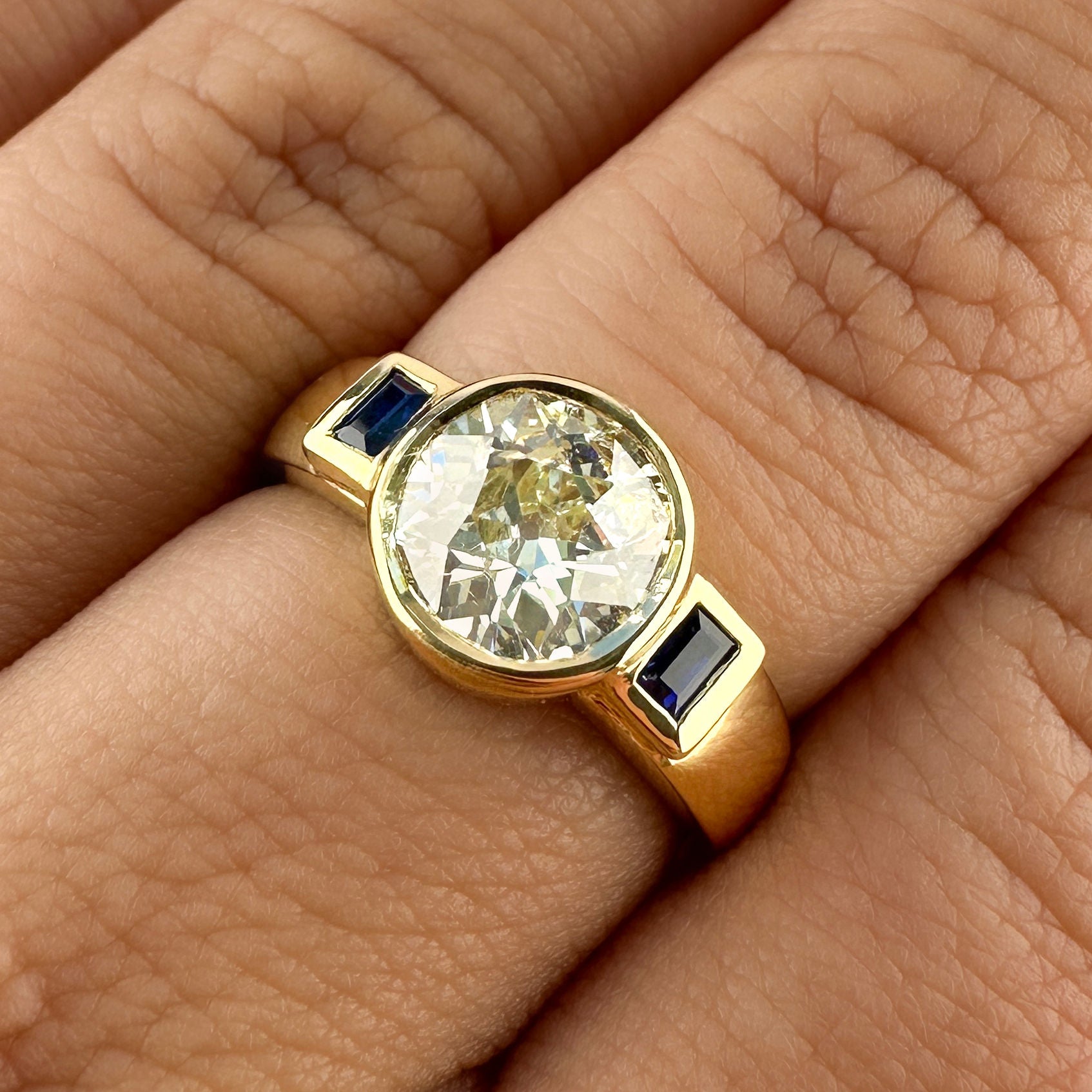 1.63ct Old Cut Diamond  and Baguette Sapphire Engagement Ring