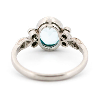 Oval Aquamarine, Old Mine-Cut Diamond and Platinum Ring, 2.30 Carats