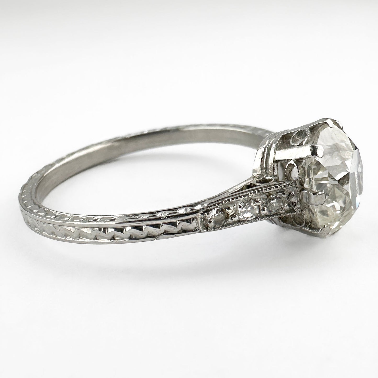 Edwardian Antique 1.52ct Single Stone Old Cushion Cut Diamond Solitaire Engagement Ring in Platinum