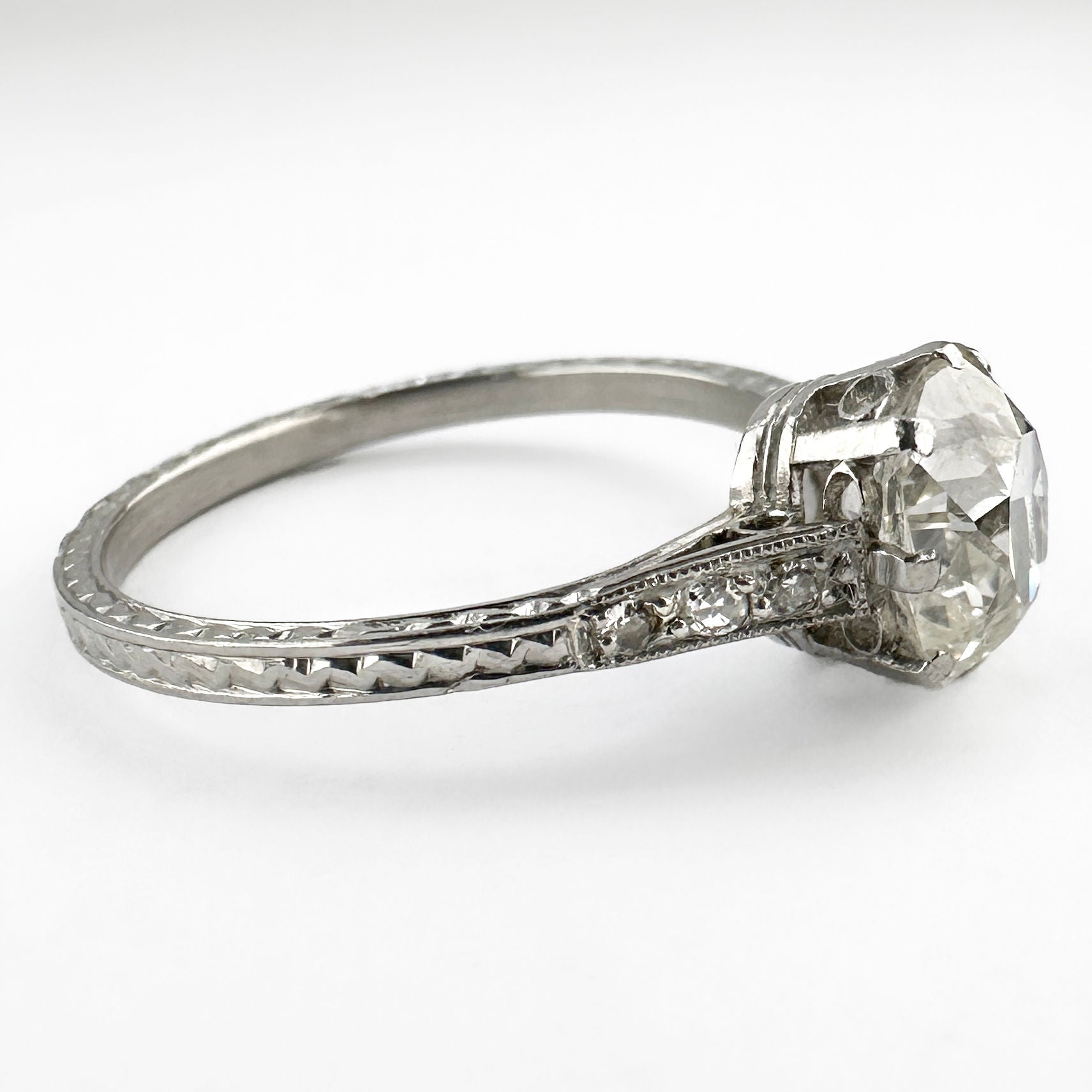 Edwardian Antique 1.52ct Single Stone Old Cushion Cut Diamond Solitaire Engagement Ring in Platinum
