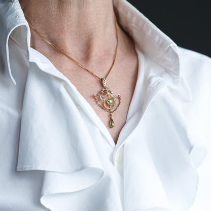 Antique Edwardian Peridot and Seed Pearl Pendant Necklace 9ct Gold - 1909