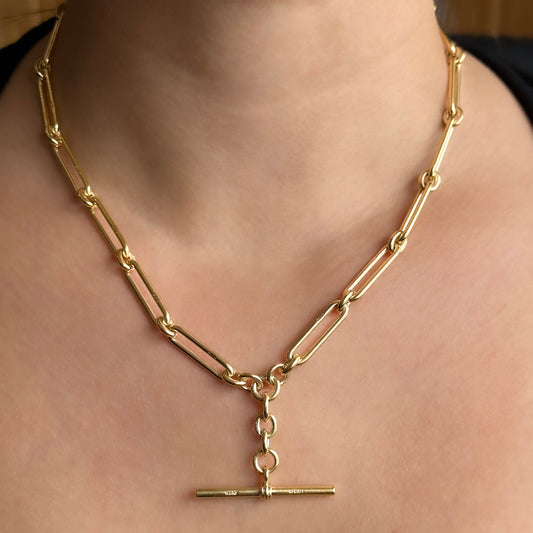 Antique Art Deco Yellow Gold Trombone Link Albert Chain Necklace