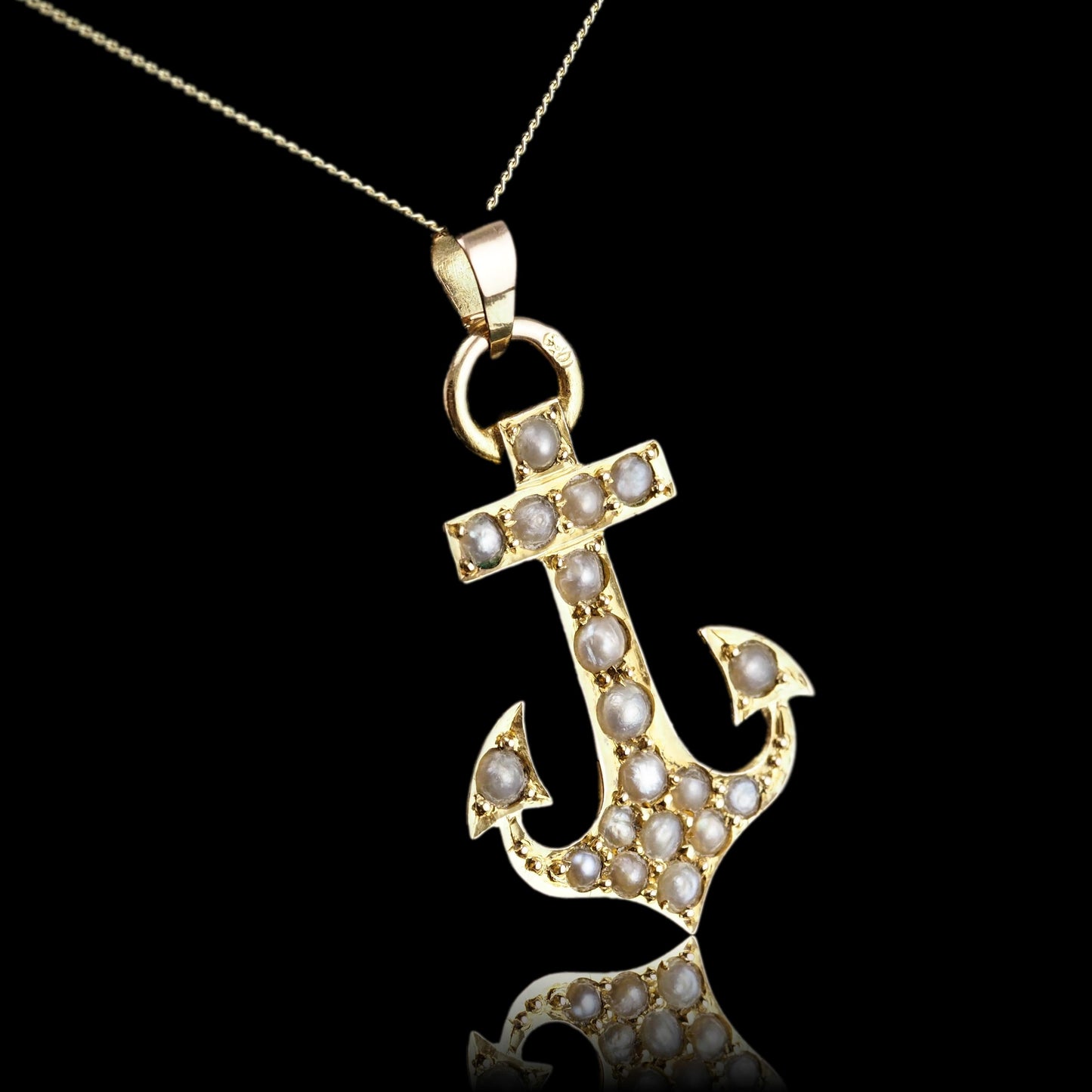 Antique Victorian Pearl Anchor Pendant Necklace 15K Gold - c.1900