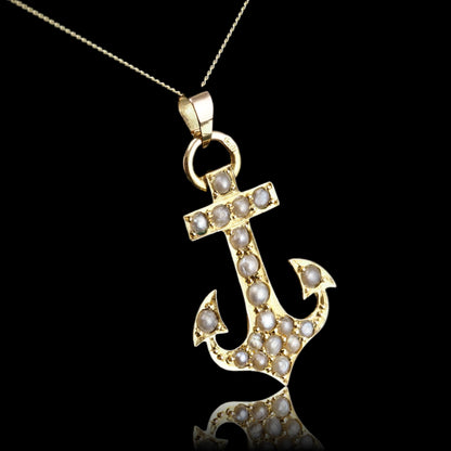 Antique Victorian Pearl Anchor Pendant Necklace 15K Gold - c.1900