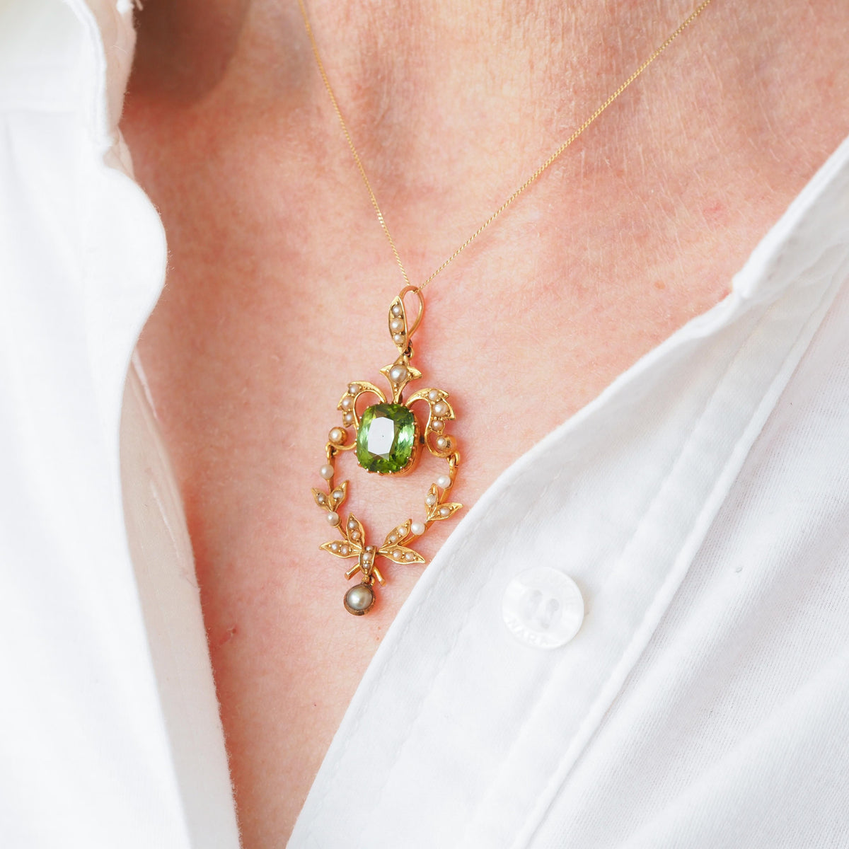 Antique Victorian Peridot Pendant Necklace, Pearls 14K Gold Original Box c.1890