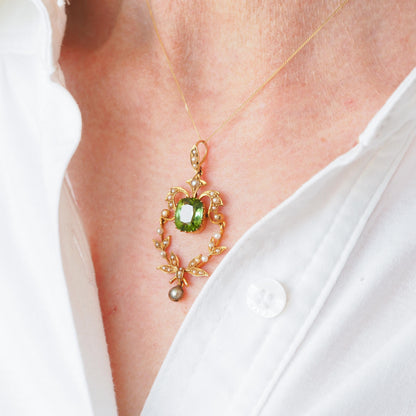Antique Victorian Peridot Pendant Necklace, Pearls 14K Gold Original Box c.1890