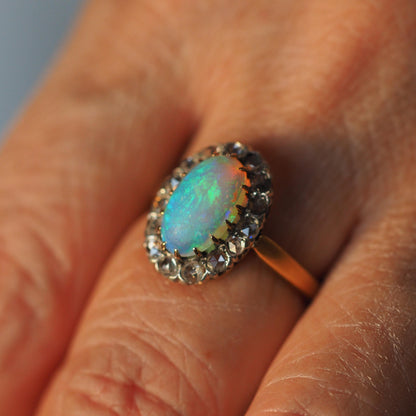 Victorian Antique Opal and Diamond Cluster Engagement Ring