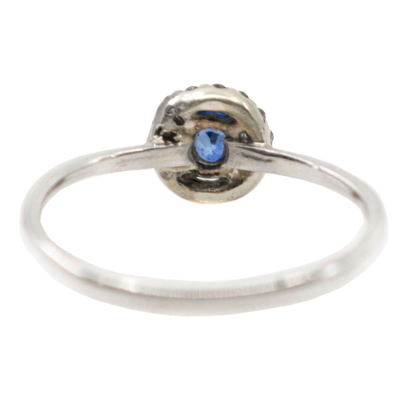 Vintage Sapphire and Diamond Halo Cluster Engagement Ring in Platinum and 18ct Gold
