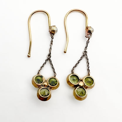 Late Victorian Antique Peridot Trefoil Drop Earrings with Ruby and Pearl