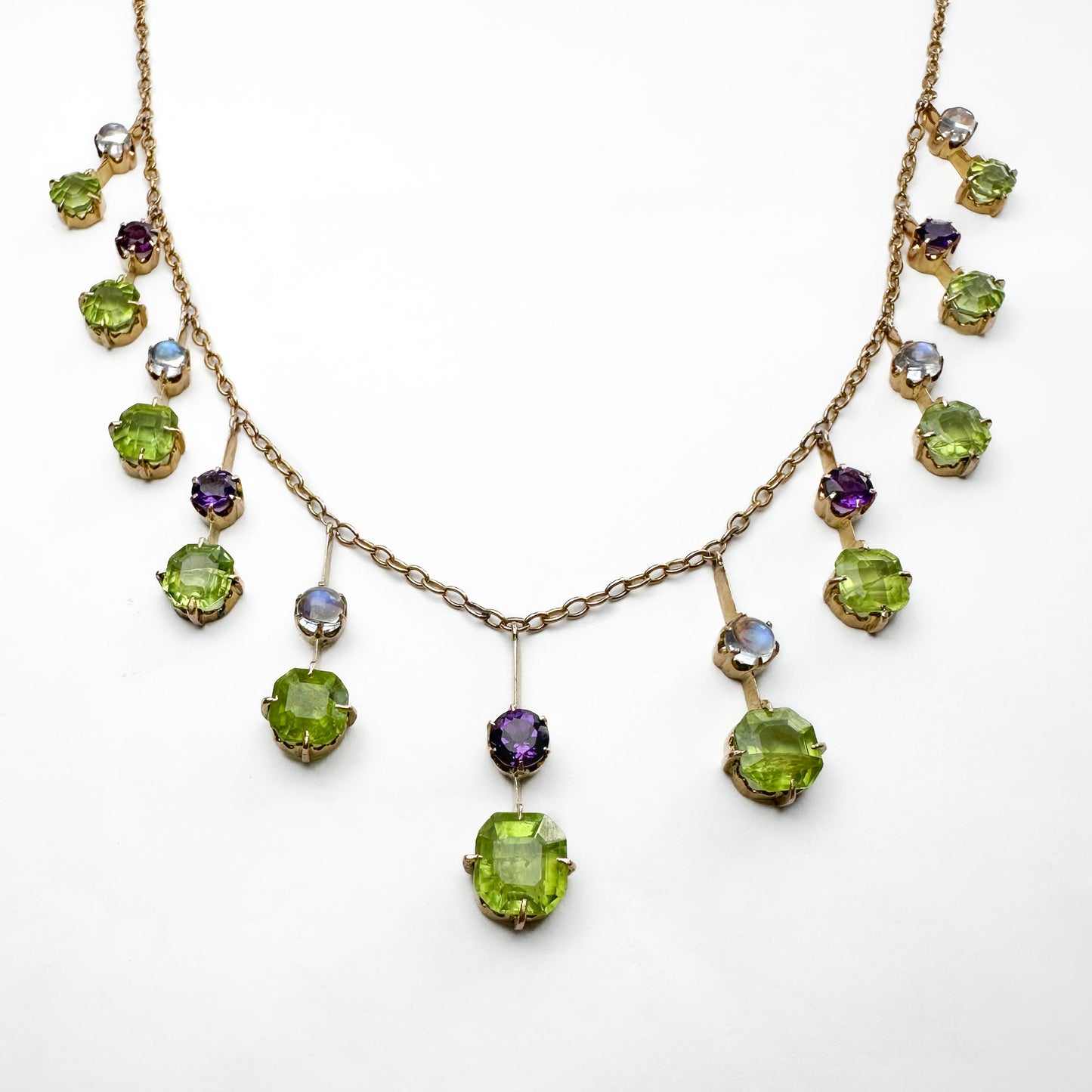 Arts and Crafts Antique Suffragette Fringe Necklace with Peridot Amethyst Moonstone