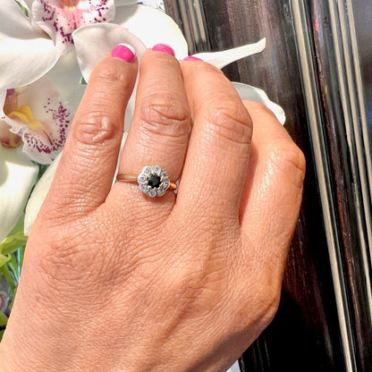 Vintage Sapphire and Old Mine Cut Diamond Cluster Engagement Ring