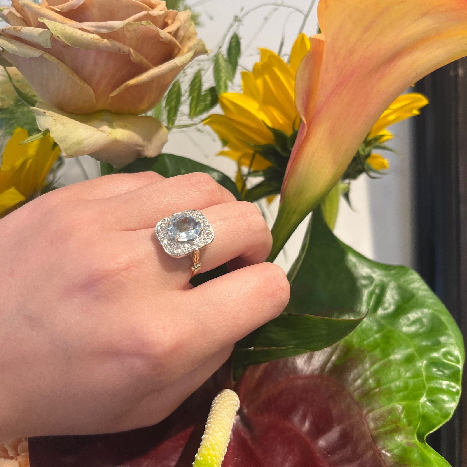 Vintage 2.40cts Aquamarine and Diamond 14k Cluster Ring 16047-8720