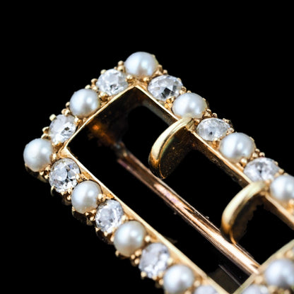 Antique Victorian Diamond Pearl Brooch/Pendant Buckle Shape 18K Gold - c.1890